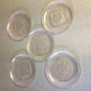 VINTAGE CLEAR GLASS ETCHED SAUCERS  SET OF 5 ETCHED BACK WHEAT SMOOTH TOP